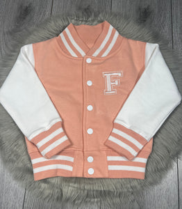 Personalised Children's Embroidered Baseball Jacket. Pink & White