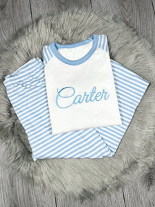 Personalised Children's Embroidered Stripe Pyjama's. Available in Pink,Blue,Grey.
