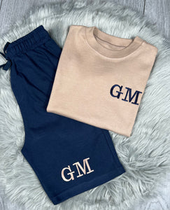 Personalised Children's Embroidered Oatmeal & Navy Short Set.