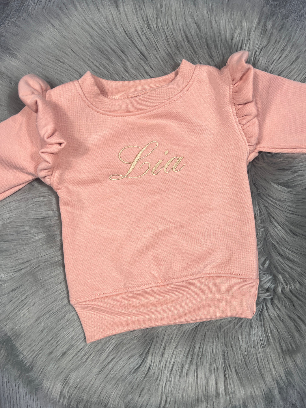 Personalised Children's Embroidered Frill Sweatshirt. Pink