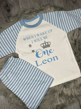 Load image into Gallery viewer, Personalised Children&#39;s Birthday Blue Stripe Pyjama&#39;s. ( Various Designs) - BabyCraftsUK
