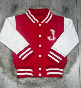 Personalised Children's Embroidered Baseball Jacket. Red & White