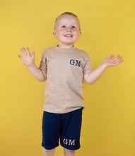 Load image into Gallery viewer, Personalised Children&#39;s Embroidered Oatmeal &amp; Navy Short Set.
