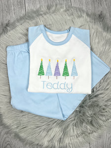 Personalised Embroidered Blue Tree Christmas Pyjamas