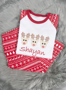 Personalised Embroidered Reindeer Trio Christmas Pyjamas