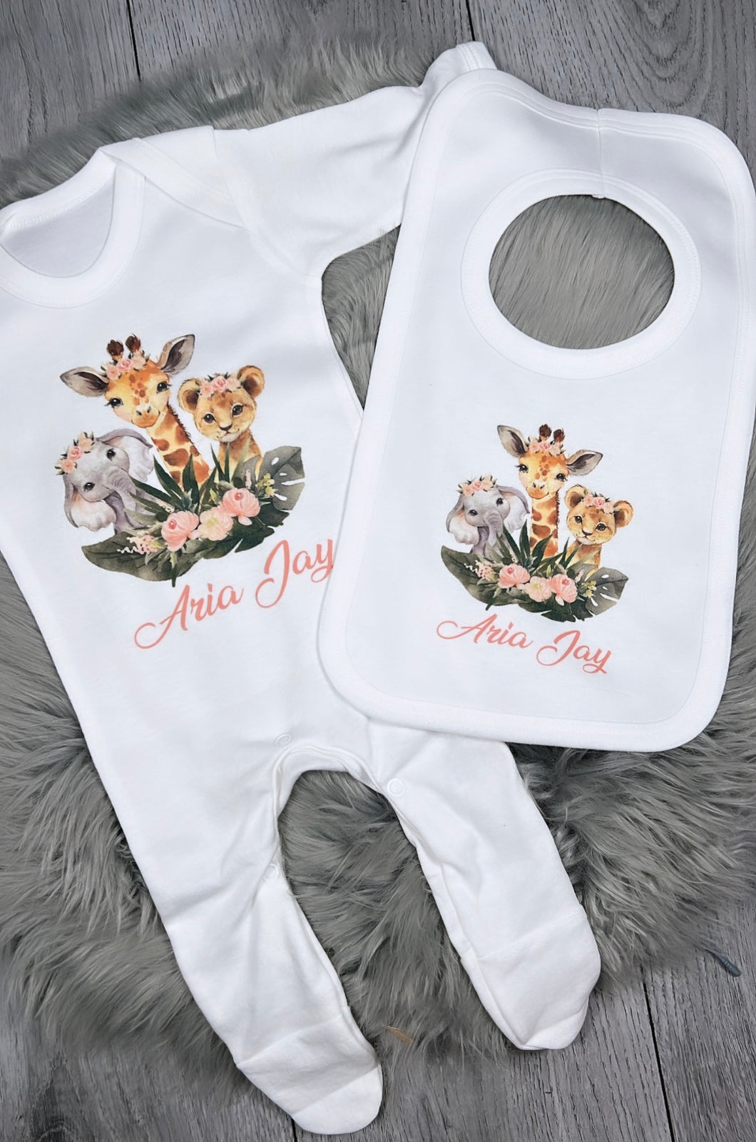 Personalised safari animal babygrow set