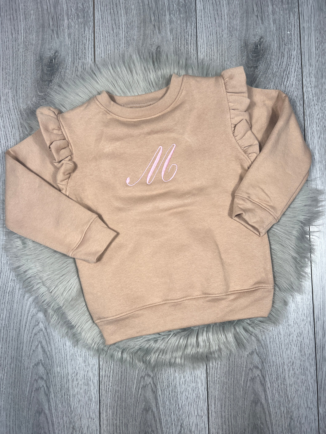 Personalised Children's Embroidered Frill Sweatshirt. Nude